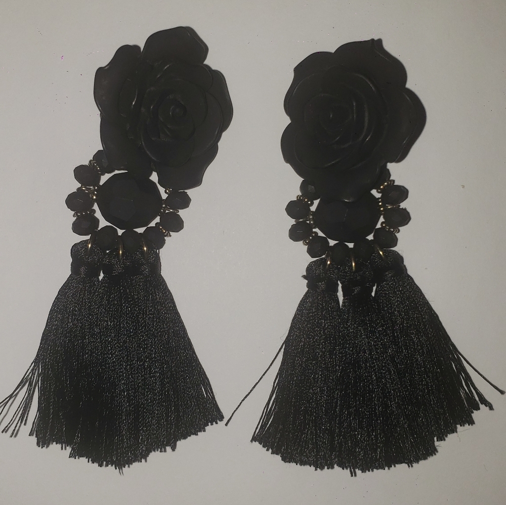 Black Floral Tassel Earrings